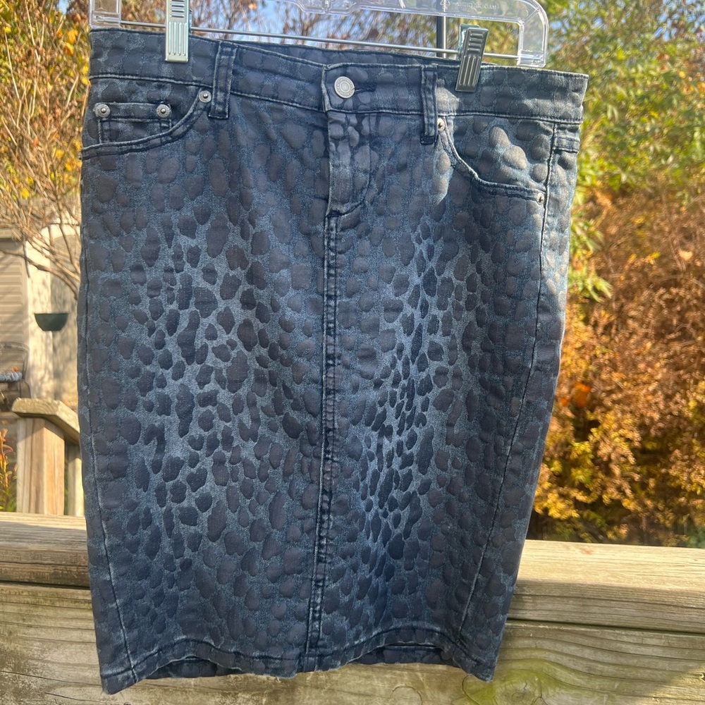 Vintage London Jean Skirt Leopard Denim Stretch Size 2 30” Waist 5 Pocket